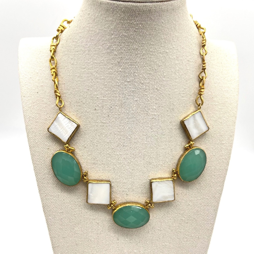 Aylas Aqua Chalcedony Mother of Pearl Gold Plated Geometric Statement Necklace